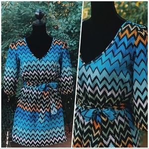 👗Chevron Print 3/4 Sleeve Ribbon Tie Dress